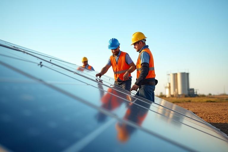 Technicians inspecting solar array